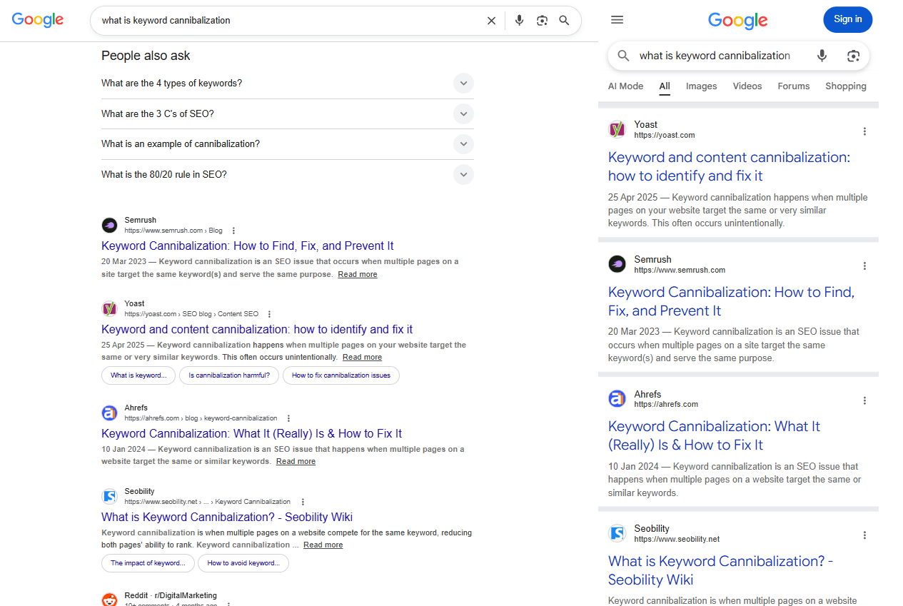 Side-by-side comparison of mobile and desktop Google search result pages for the same query, showing different SERP feature stacking on each device