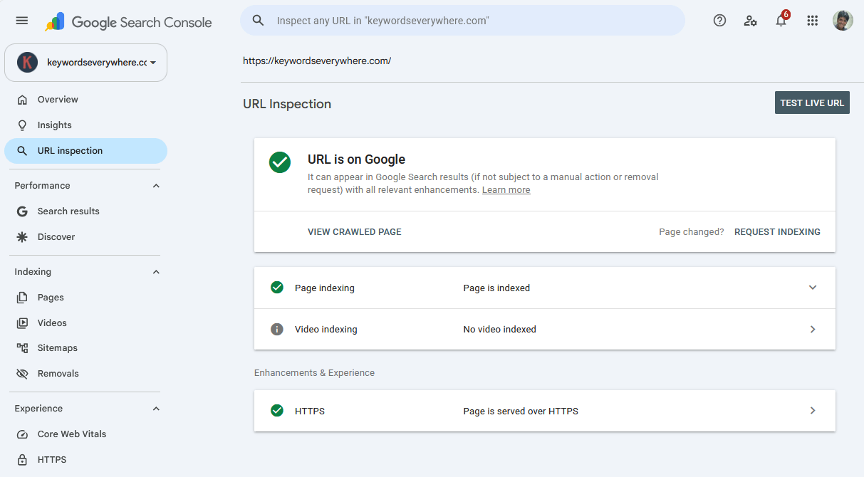 Search Console URL Inspection result showing whether a page is indexed and any blocking reason