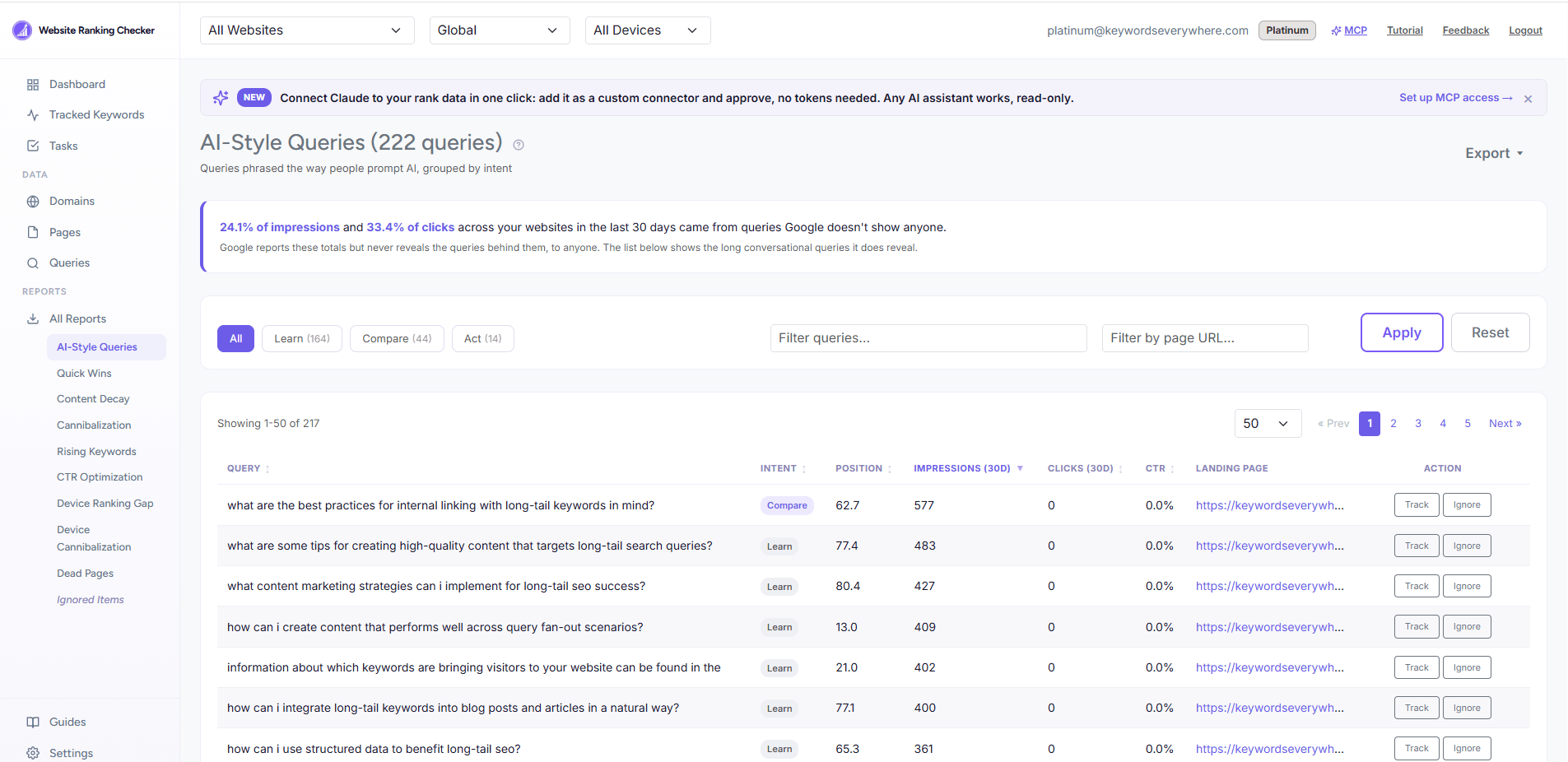 The AI-Style Queries report in Website Ranking Checker: the hidden-traffic line at the top, intent tabs, and long conversational queries with position, impressions, clicks, landing page, and a Track button