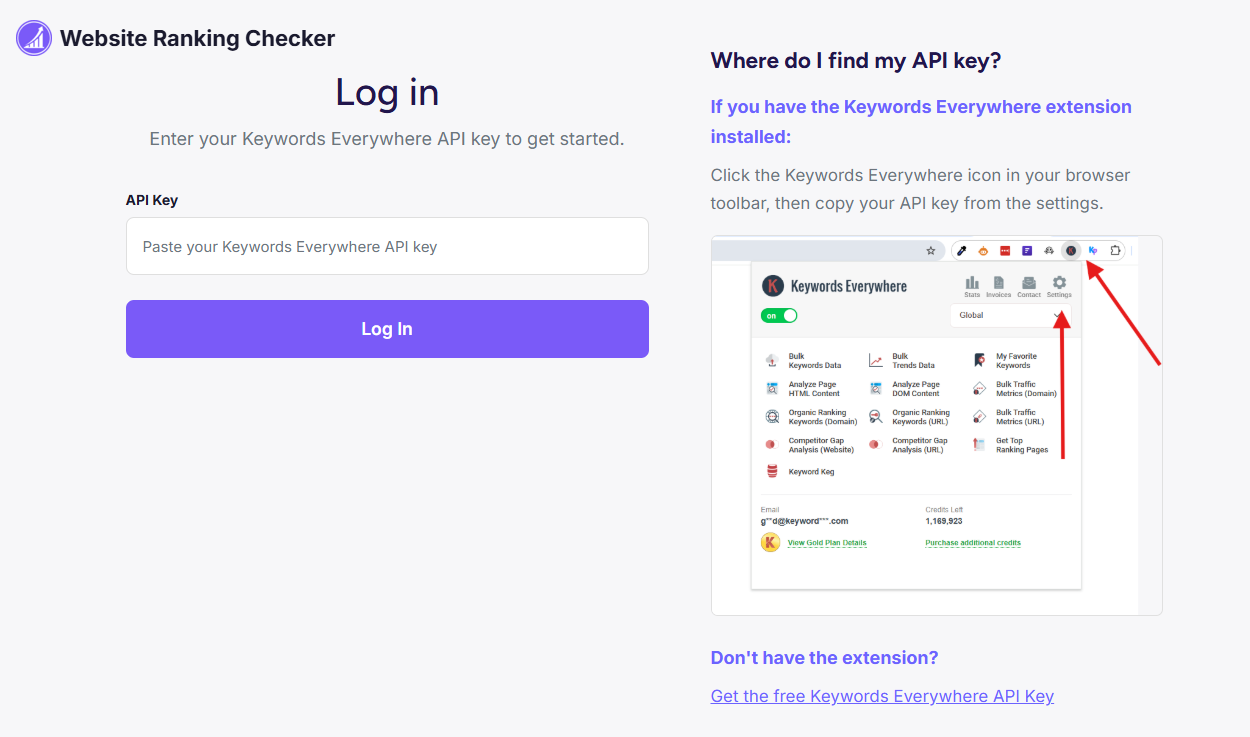 Login page with API key field and instructions for finding your key in the Keywords Everywhere extension