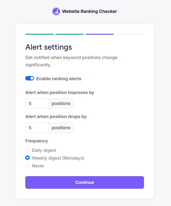 Alert settings with toggles for ranking alerts, position thresholds, and frequency options