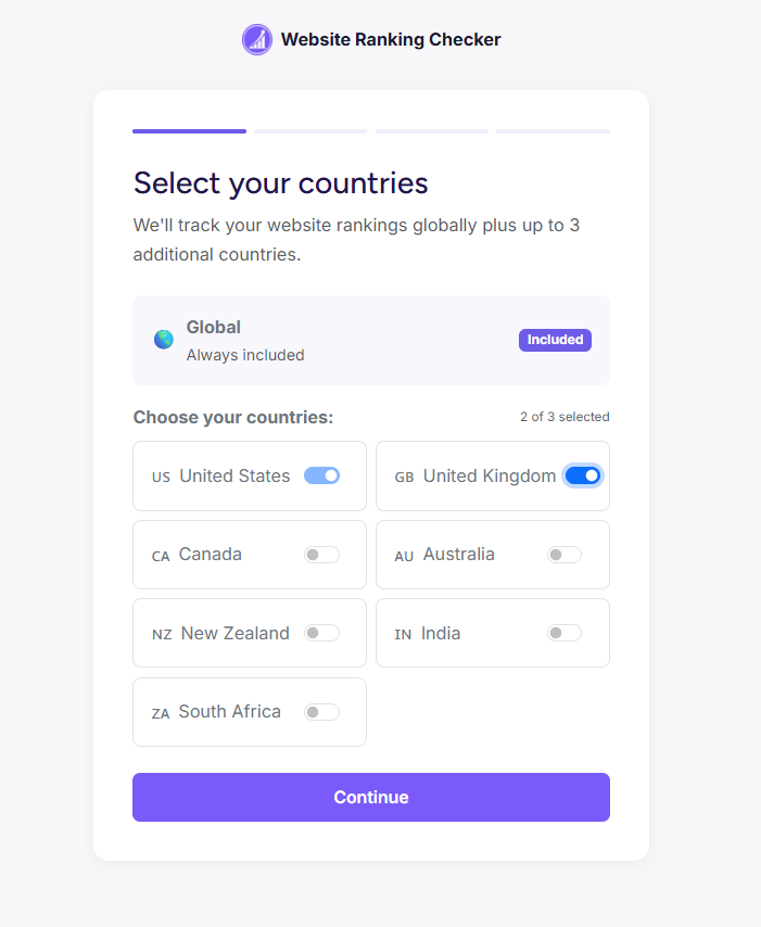 Country selection step with toggle switches for USA, UK, Canada, Australia, New Zealand, India, and South Africa