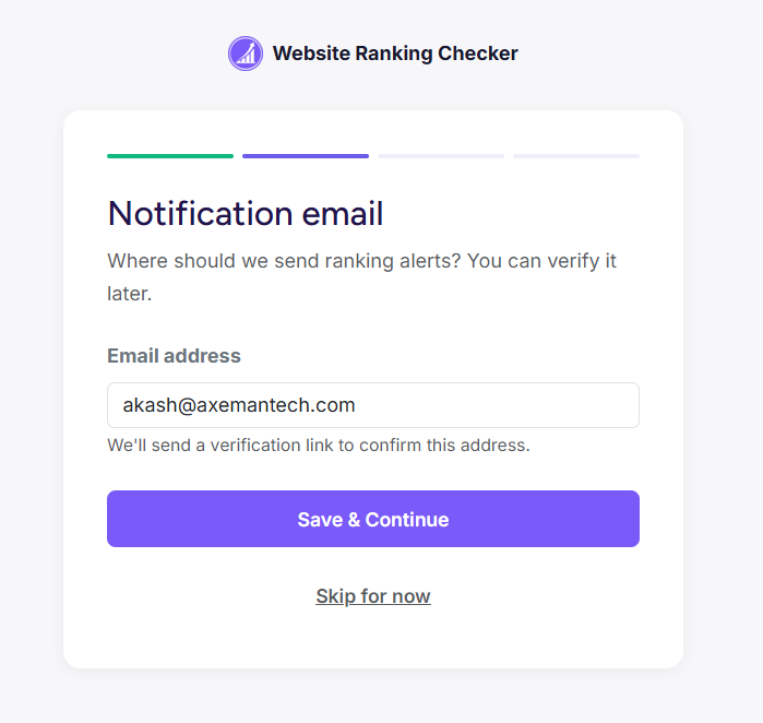 Onboarding step asking for notification email address with Save and Continue and Skip options