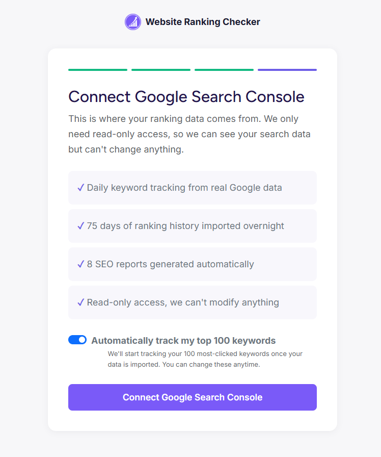 Connect Google Search Console step showing benefits list and auto-track top 100 keywords option