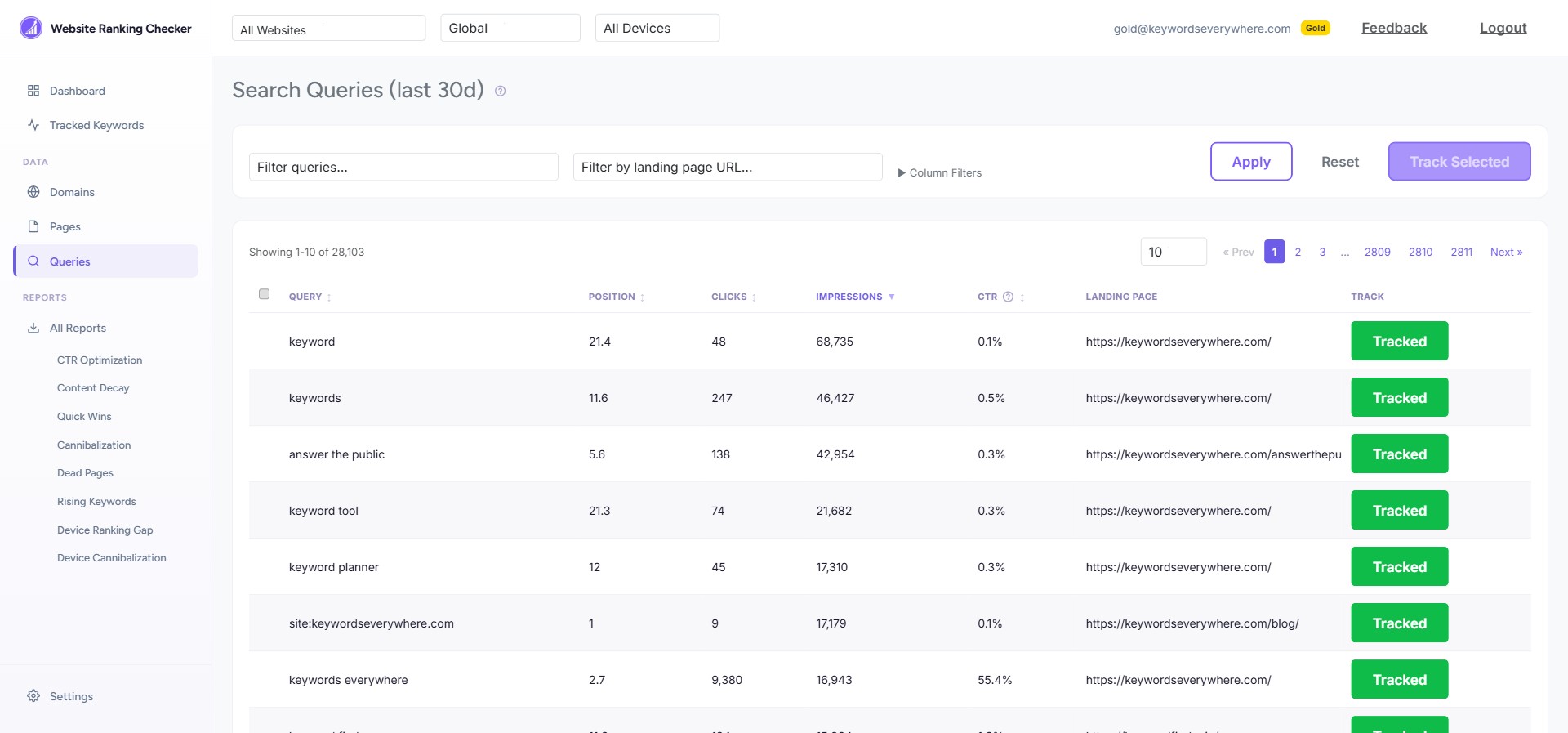 Search Queries page showing query list with position, clicks, impressions, CTR, landing page, and Track button