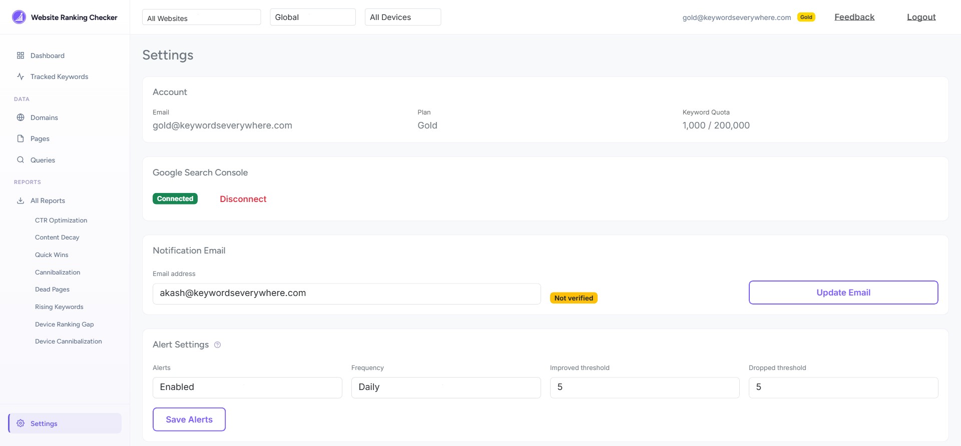 Settings page showing account info, GSC connection status, notification email, and alert configuration